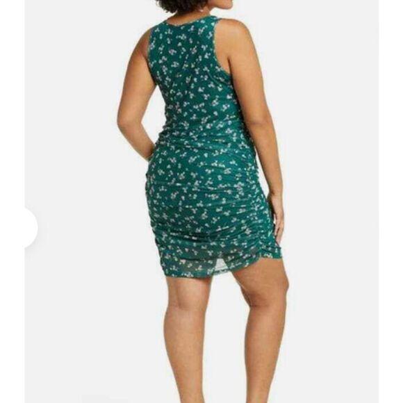 BP Ruched Mesh Mini Bodycon Sleeveless Dress in Green Kasey Floral Size 3XL - Picture 7 of 7
